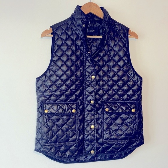 J. Crew Womens Puffer Vest Quilted Shiny Dark Blue Down Filled - Picture 1 of 7